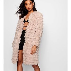 Boohoo shaggy fur coat- mocha